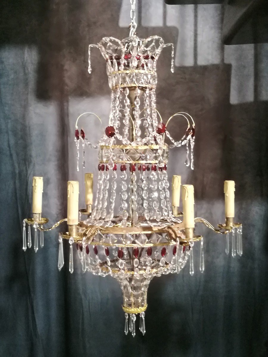 Old Italian Chandelier Empire Period Tole Repoussé And Crystals