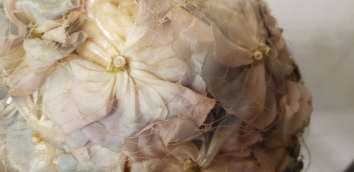 1960s Modisterie Headdress Hat Pastel Flowers And Veil-photo-3