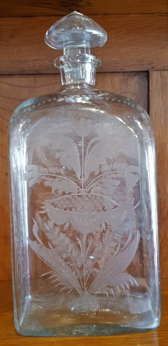 Old Square Carafe Bottle Blown And Engraved Glass XIX S-photo-3