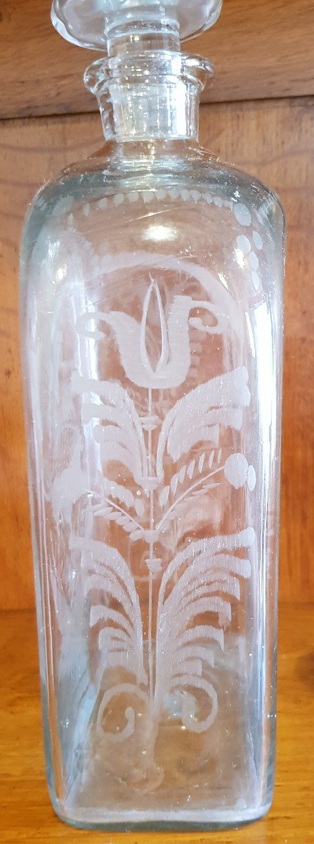 Old Square Carafe Bottle Blown And Engraved Glass XIX S-photo-4