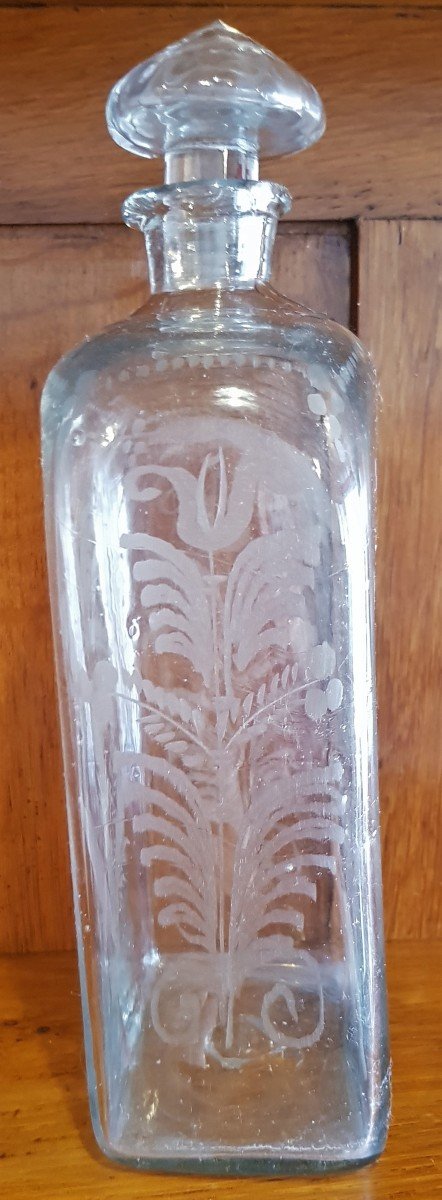 Old Square Carafe Bottle Blown And Engraved Glass XIX S-photo-3