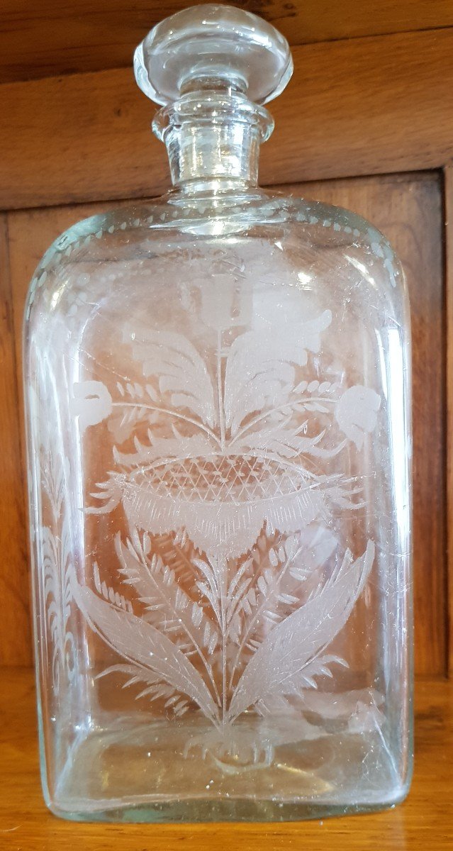Old Square Carafe Bottle Blown And Engraved Glass XIX S