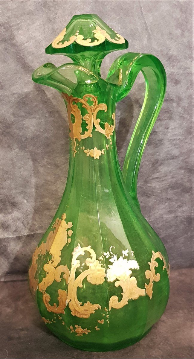 Important Carafe Decanter Uralin Green Crystal Decor Painted In Gold Bohemia XIX S-photo-2