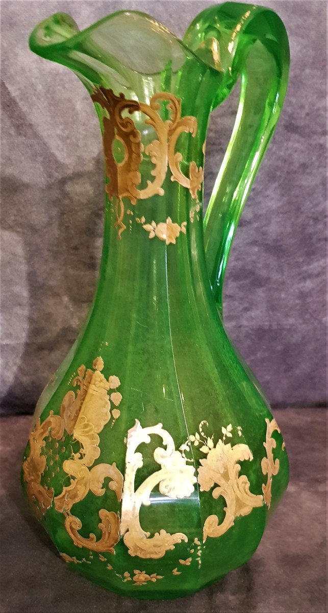 Important Carafe Decanter Uralin Green Crystal Decor Painted In Gold Bohemia XIX S-photo-2