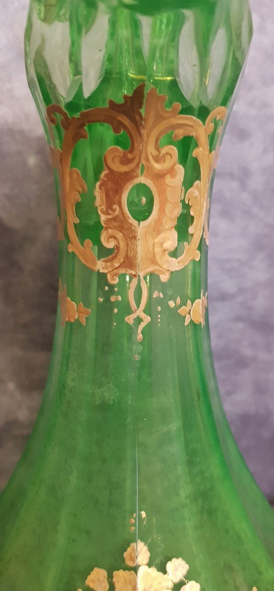  Importante Carafe Decanter cristal vert ouraline Décor Peint  En Or Bohême XIX S-photo-7