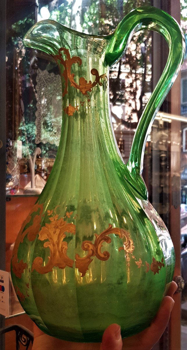 Important Carafe Decanter Uralin Green Crystal Decor Painted In Gold Bohemia XIX S-photo-8