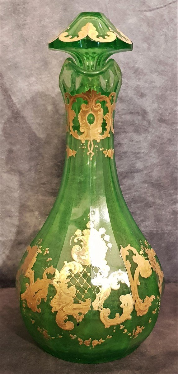 Important Carafe Decanter Uralin Green Crystal Decor Painted In Gold Bohemia XIX S