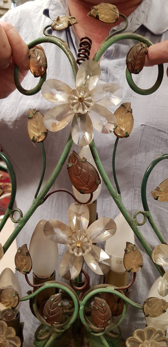 Paire De Grandes Appliques Florentines Banci 5 Feux Ramage Fer Fleurs Et Feuilles En Cristal-photo-7