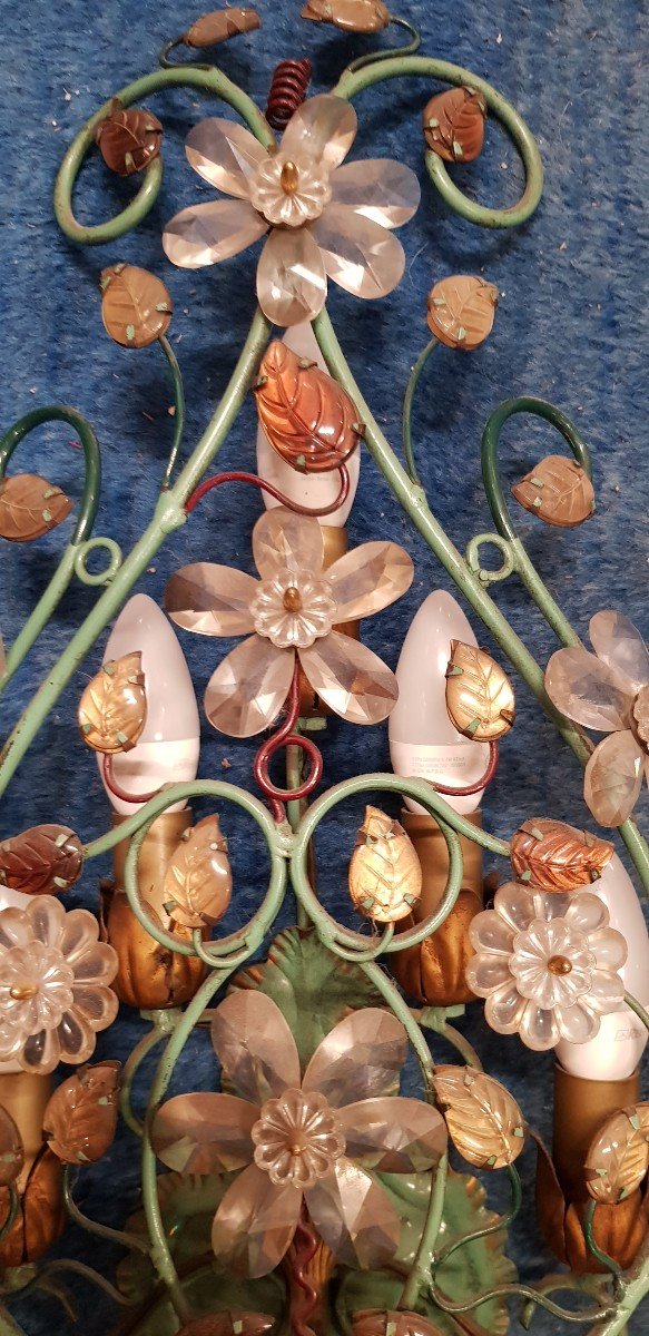 Paire De Grandes Appliques Florentines Banci 5 Feux Ramage Fer Fleurs Et Feuilles En Cristal