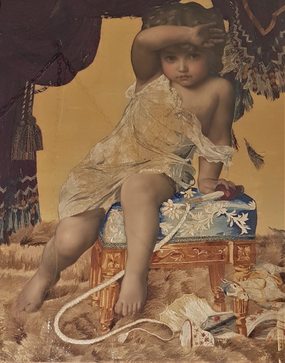  Grande Broderie d'époque Romantique Peinture à l'Aiguille Enfant Et Jouets 88x114 Cm