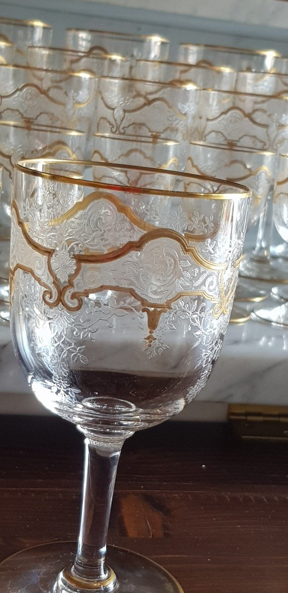 Glasses Service 69 Pieces Crystal Gold Wire Etched With Acid In The Baccarat Taste Récamier Model-photo-3