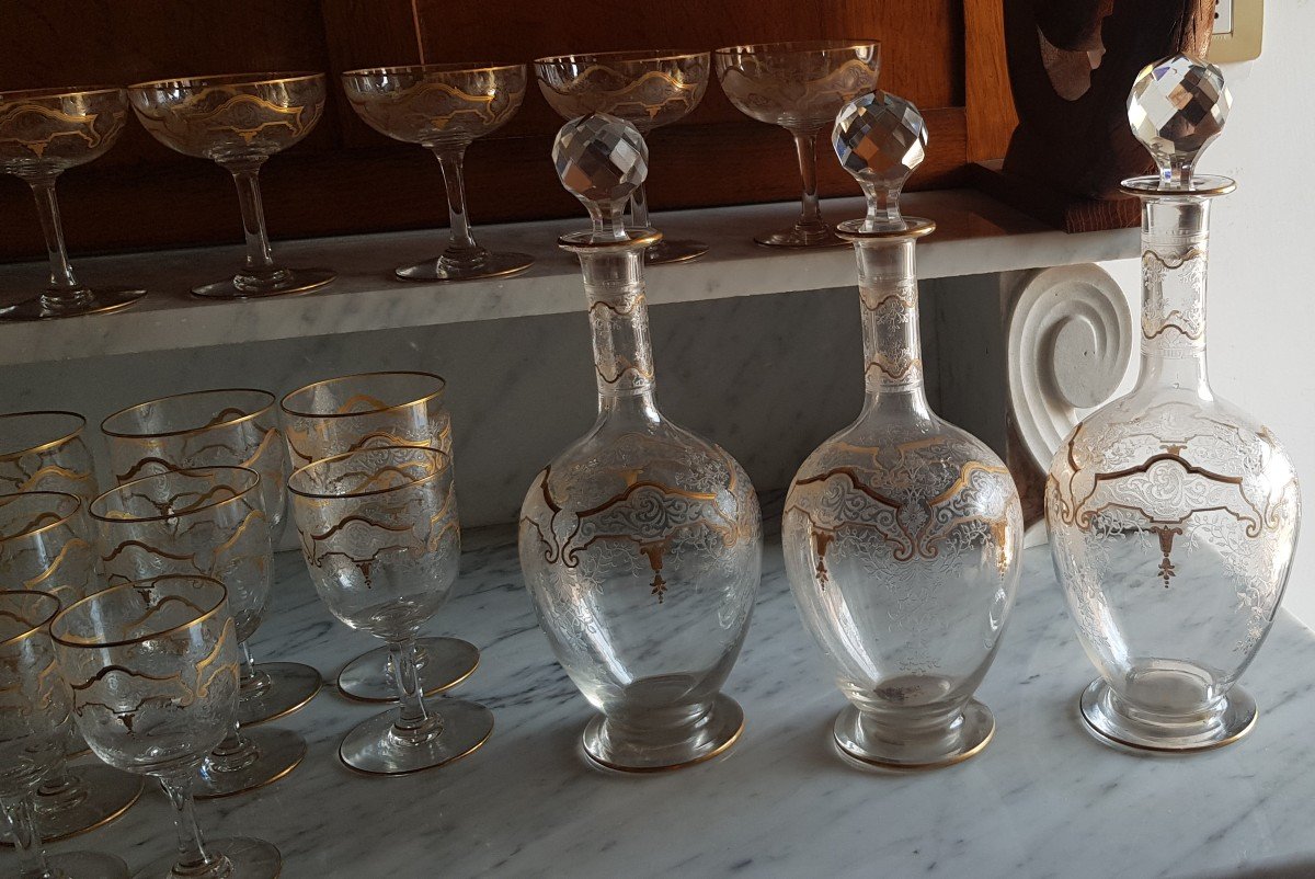 Glasses Service 69 Pieces Crystal Gold Wire Etched With Acid In The Baccarat Taste Récamier Model-photo-1