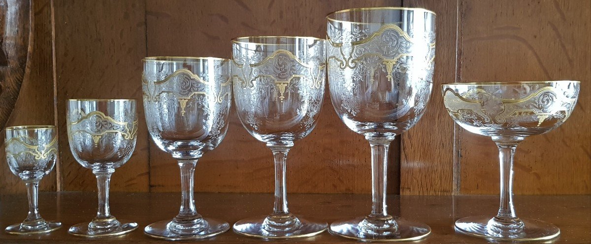 Glasses Service 69 Pieces Crystal Gold Wire Etched With Acid In The Baccarat Taste Récamier Model