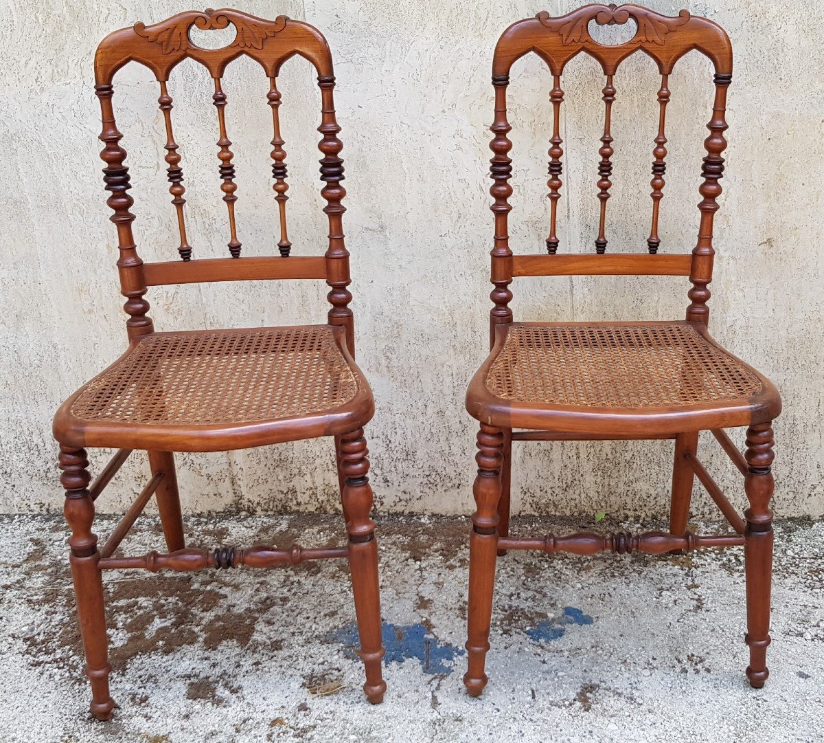 Pair Of Old Chairs In Turned Cherry Wood