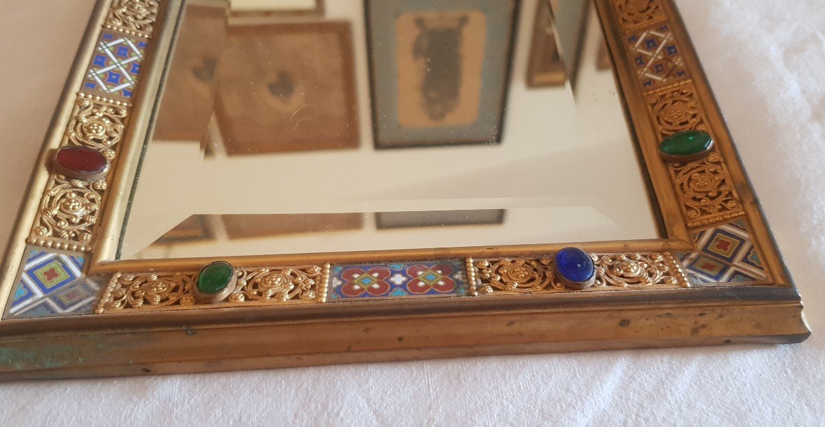 Pair Of Old 19th Century Frames In Brass And Enamels With Beveled Mirror 23x32 Cm-photo-4