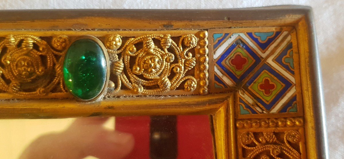 Pair Of Old 19th Century Frames In Brass And Enamels With Beveled Mirror 23x32 Cm-photo-3