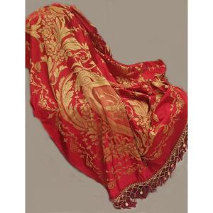 Antique Damask Italian  Bedspread From San Leucio, Red And Gold 200x240 Cm