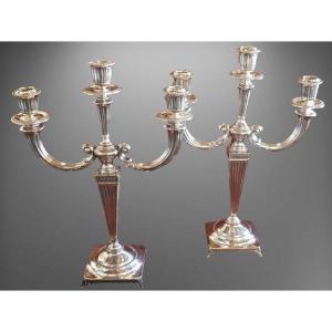 Pair Candelabra With 3 Lights 800/1000 Sterling Silver Empire Style 40 Cm H