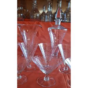 Set Of 16 Glasses + Bottle And Decanter Bohemian Crystal Screen-printed 1960s Design