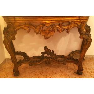 Grande Console Italienne  napolitaine  XVIII S En Bois Sculpté Et Doré 