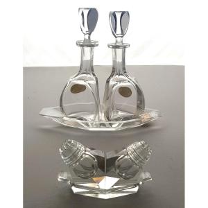 Set Ancien En Cristal De Bohème Taillé, Huilier Vinaigrier+ Sel Et Poivre 