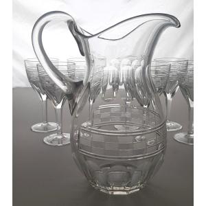 Pitcher E 8 Water Glasses Old Cut Crystal 