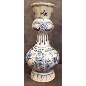 Antique Knobble Ceramic Vase Hand Painted In Netherlands Delft Blue