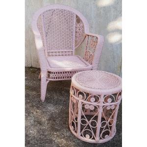 Old Armchair And Stool In Painted Wicker