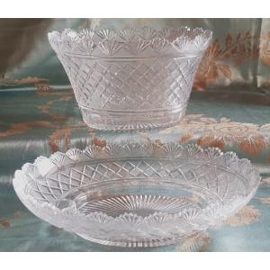 Ancienne Vasque Et Assiette Ovale assortie En Cristal Taillé Charles X