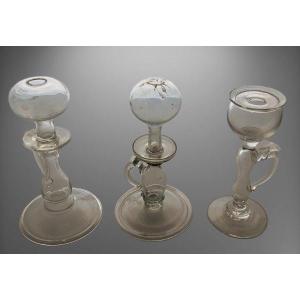 Ensemble De Trois Lampes à Huile Anciennes En Verre Soufflé XIX ème S