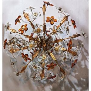 Old Chandelier Structure In Iron And Flowers In Colored Crystals Diameter 65 Cm