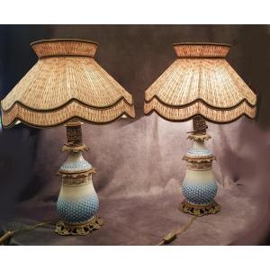 Pair Of Old 19th Century Kerosene Lamps Electrified