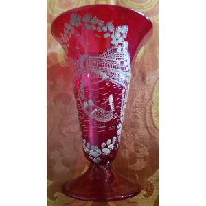 Vase Ancien En Verre Soufflé Rouge émaillé Souvenir De Venise