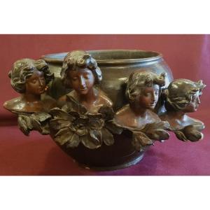 Grand Cache-pot Art Nouveau Italien En Ceramique