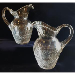 Pair Of Old Bohemian Crystal Ewer Pitchers Cut In The Style Of St Louis Glassworks