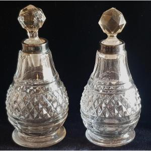 Pair Of Cruets Old Cut Crystal Flasks With Diamond Tips