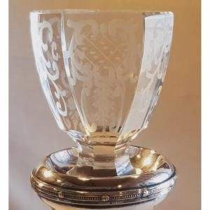 Old Carafe In Engraved Crystal And Silver