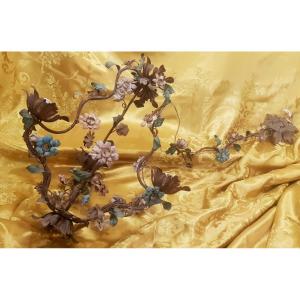 Small Old Florentine Iron Chandelier With Polychrome Flowers And Leaves