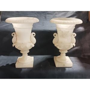 Old Pair Of Medicis Cassolette Vases In Alabaster