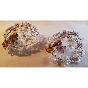 Pair Of Old Iron Wall Lights And Crystal Flowers