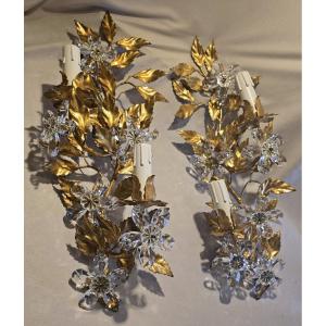 Pair Of Antique Wall Sconces In Iron And Crystal By Banci Florence