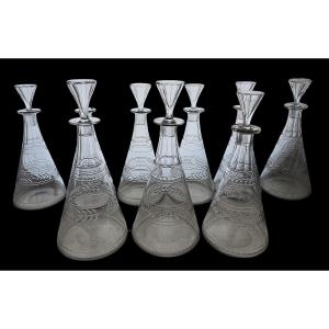 Series Of 9 Antique Decanters Bottles In Baccarat Crystal, Model 8732 Empire
