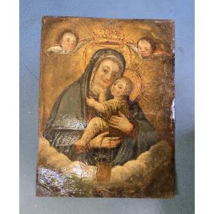 Tableau Religieux Ancien Huile Su Cuivre Vierge Et Enfant Jesus