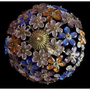 ancien plafonnier avec fleurs en cristal multicolores