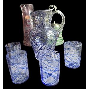 Set Syrup Pitcher And Four Bohemian Pallme‑konig Glasses, With Blue Threaded Decoration – 1900