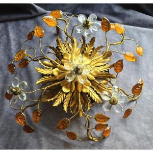 Ancien plafonnier Banci en fer doré, cristaux et cabochons de verre