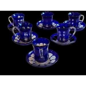  ensemble 6 tasses avec soucoupes en verre doublé anciennes