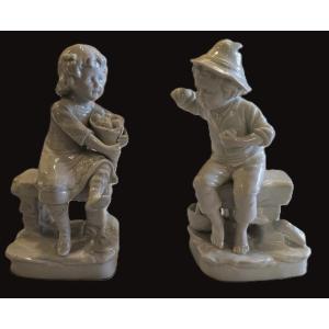 Pair Of Antique White Capodimonte Porcelain Figurines Depicting Children