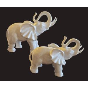 Two Vintage White Porcelain Elephant Figurines, Italy, Circa 1950–1970