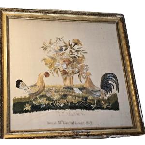 Ancienne broderie au fil de soie début XIX ème siècle vase de fleurs avec poussins et  poules